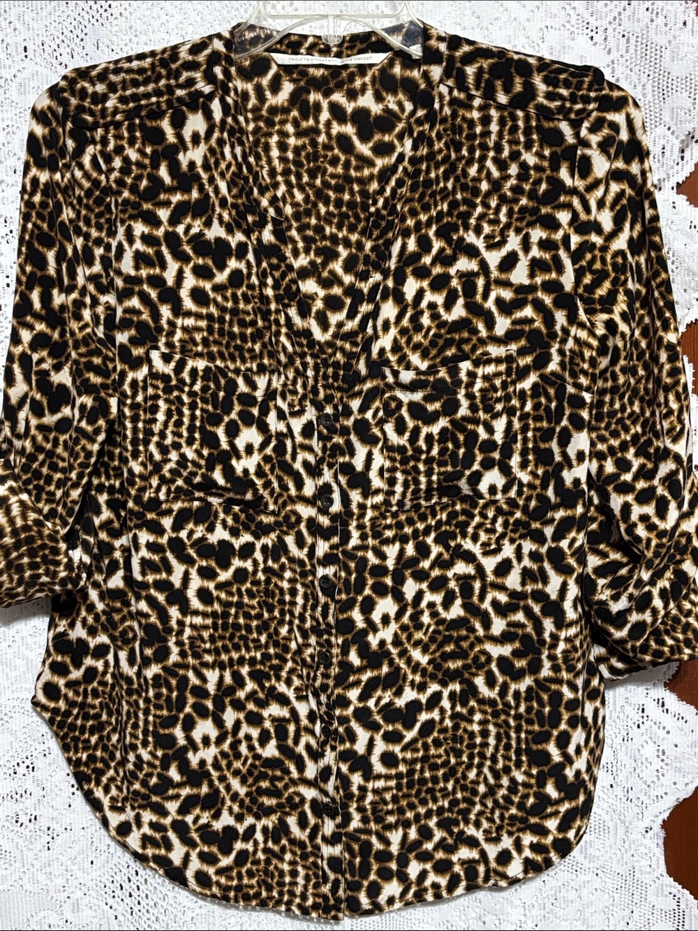 Women’s SILK Leopard Print Button-Up tunic Blouse - Brown/Black Size L